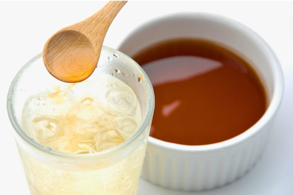 Frozen Vinegar in a glass cup and ceramic bowl.