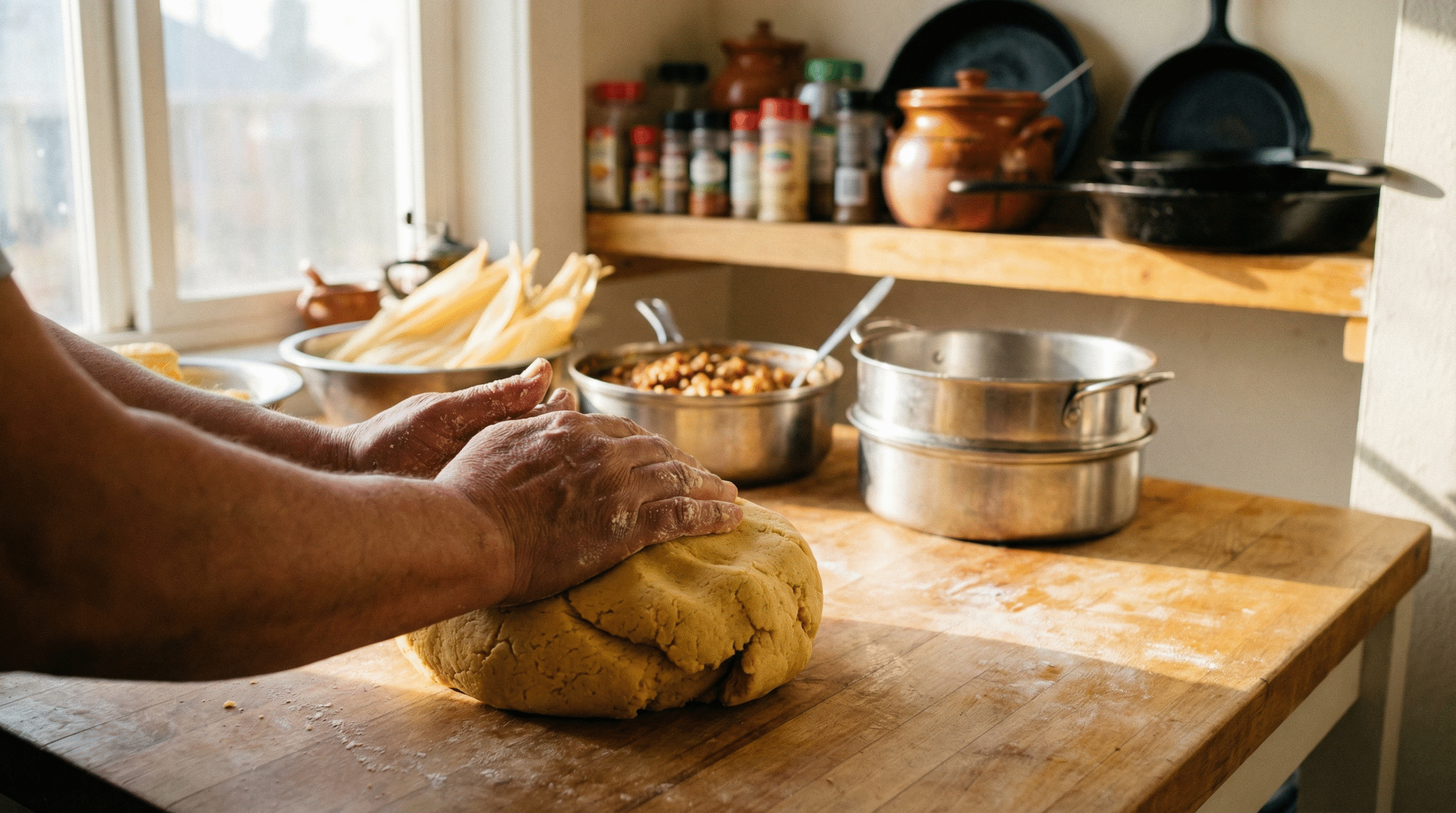 Two hands kneeding dough on a table with a bowl of Tamales on the side.