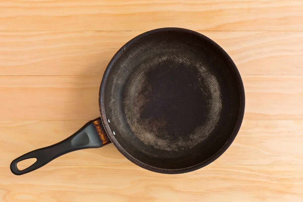 A non stick pan on a wooden surface.