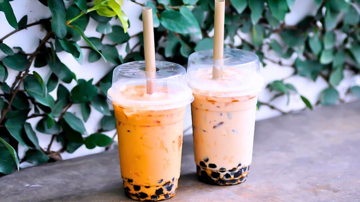 Two closed cups of bubble tea with straws.