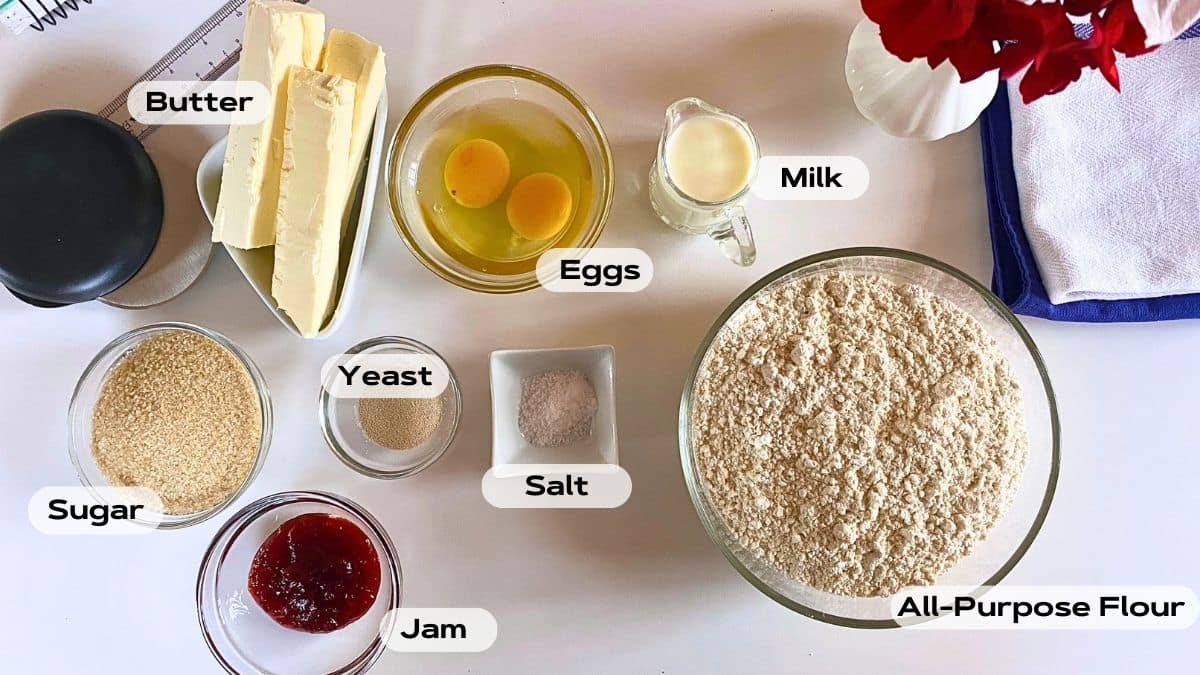 Croissant Muffin ingredients on different glass bowls.