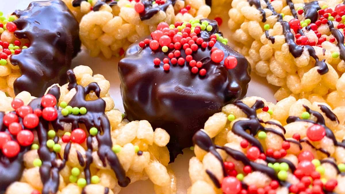 A close up of Holiday Rice Krispies Treats.