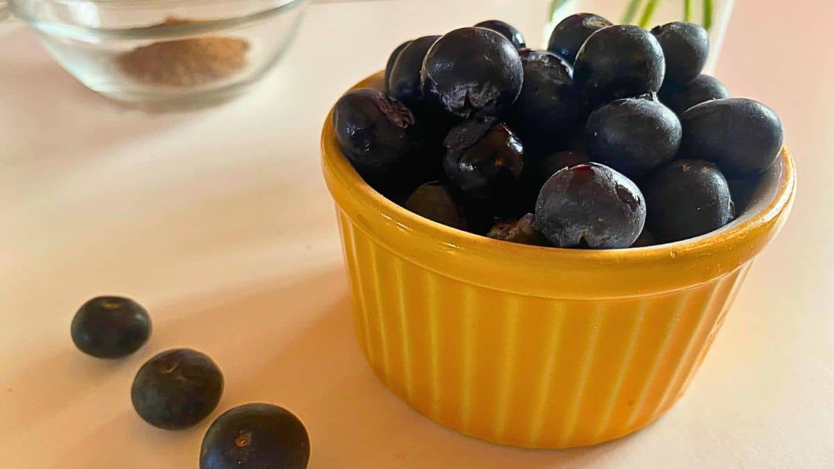 A bunch of blueberries in a small yellow bowl.