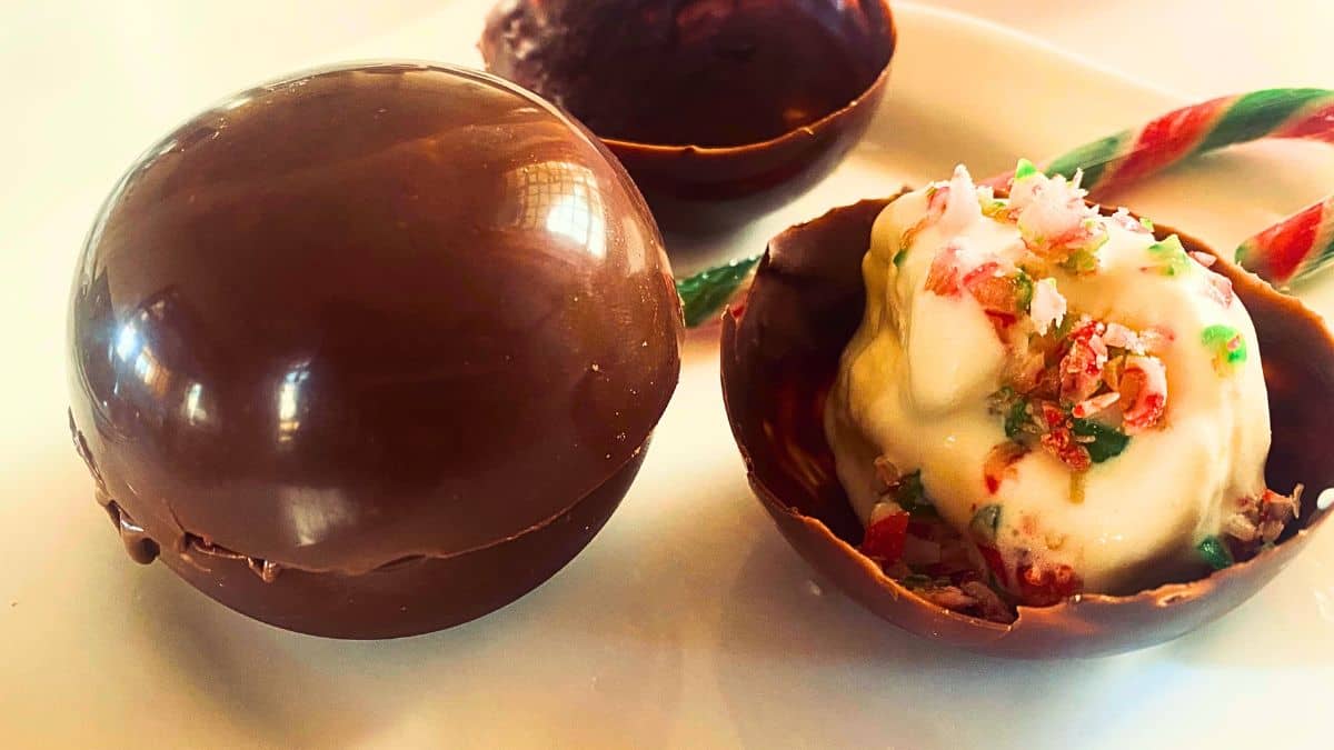 A chocolate egg with a scoop of ice cream inside.