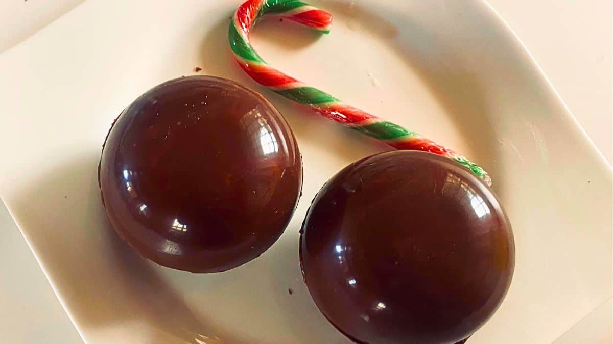 A plate of chocolate candies and a candy cane.