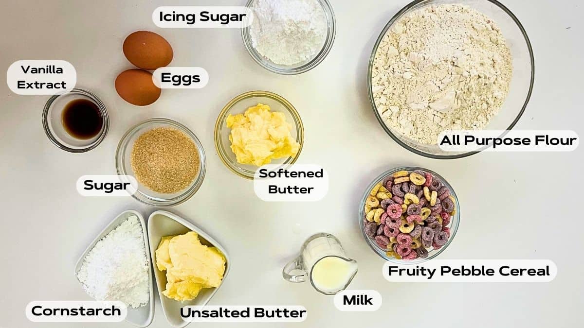A bunch of cookie ingredients in glass bowls.