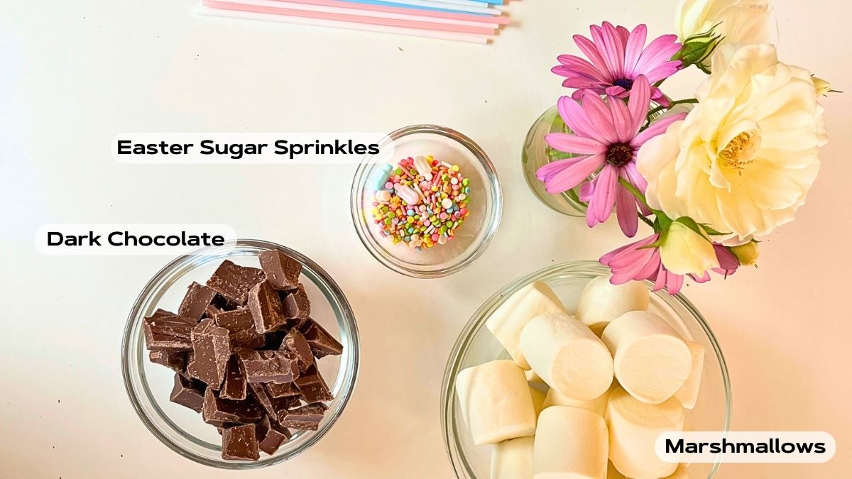 Dark Chocolate, sugar sprinkles and Marshmallows in glass bowls.